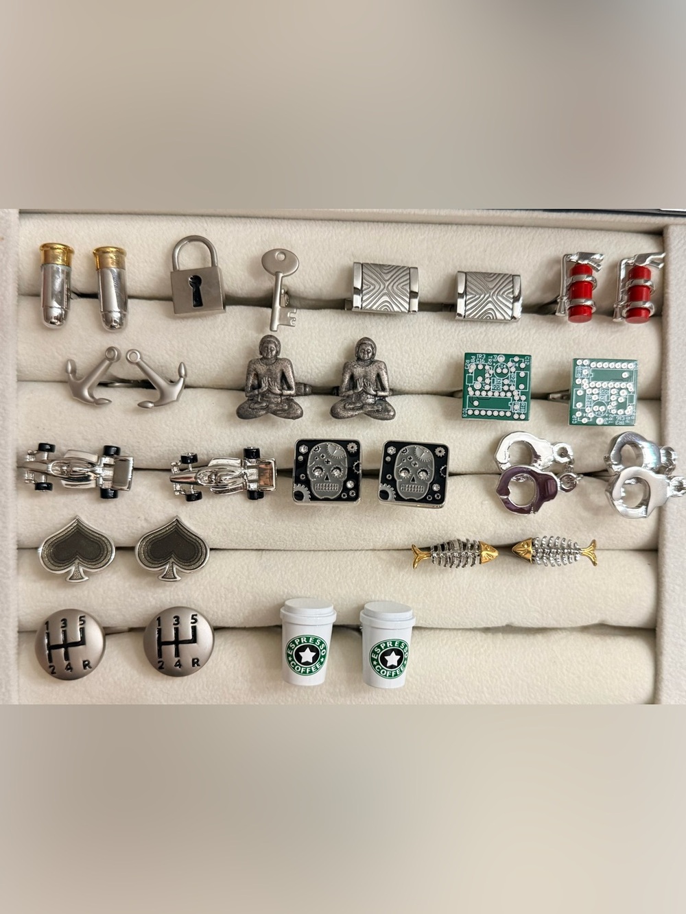 BN Novelty Cufflinks Lot 14 Pairs Unisex in Wood Magnetic Case w Glass Top!